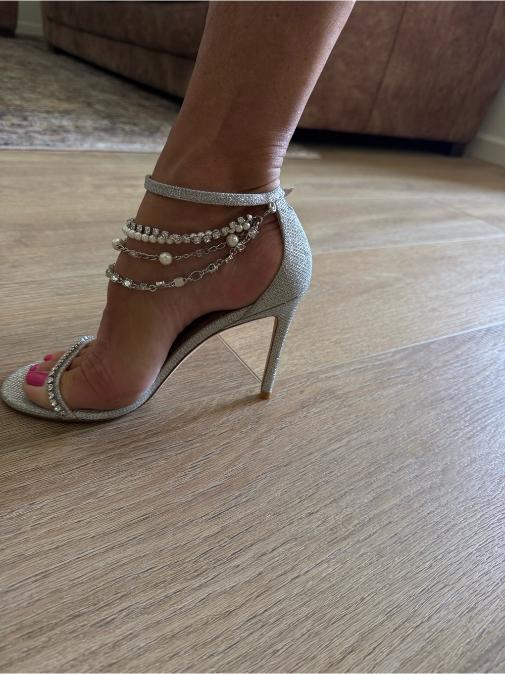 Stuart Weitzman Silver Rhinestone Ankle-Strap Stiletto Sandals with Pearl Chains